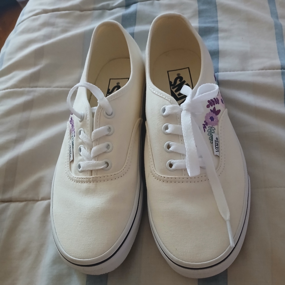 Vans Cream Sneakers with Purple Floral Accents